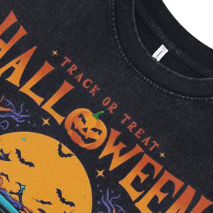 Halloween sleeveless t-shirt retro car print surfer vest 80s motorsports tank top in acid wash black