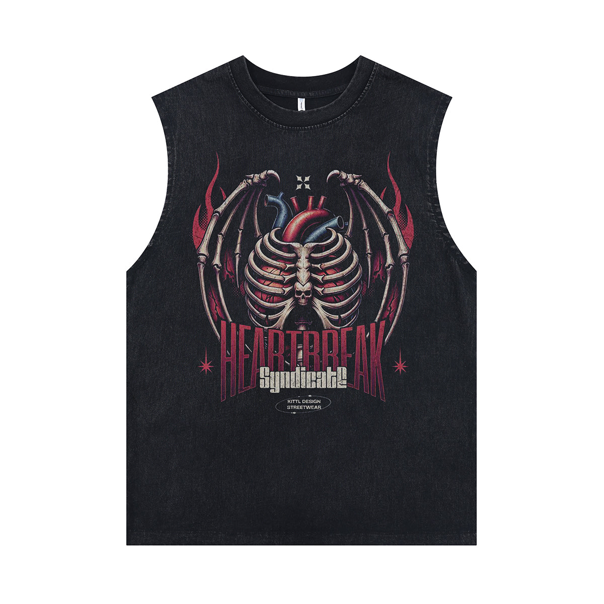 Skeleton bones sleeveless t-shirt skull print surfer vest heartbreak slogan tank top in acid wash black