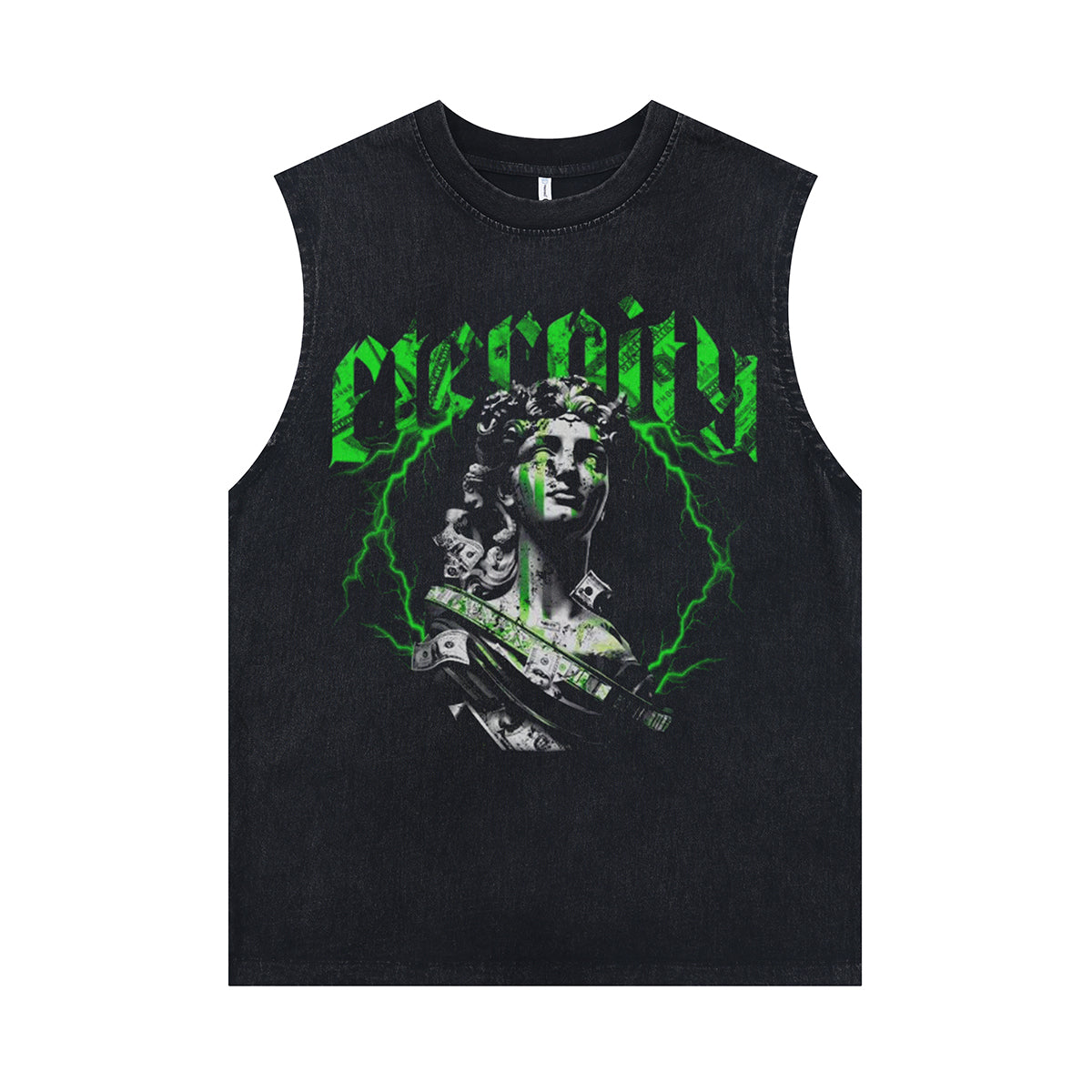 Eternity slogan sleeveless t-shirt gothic print vest statue saint cartoon tank top in acid wash black