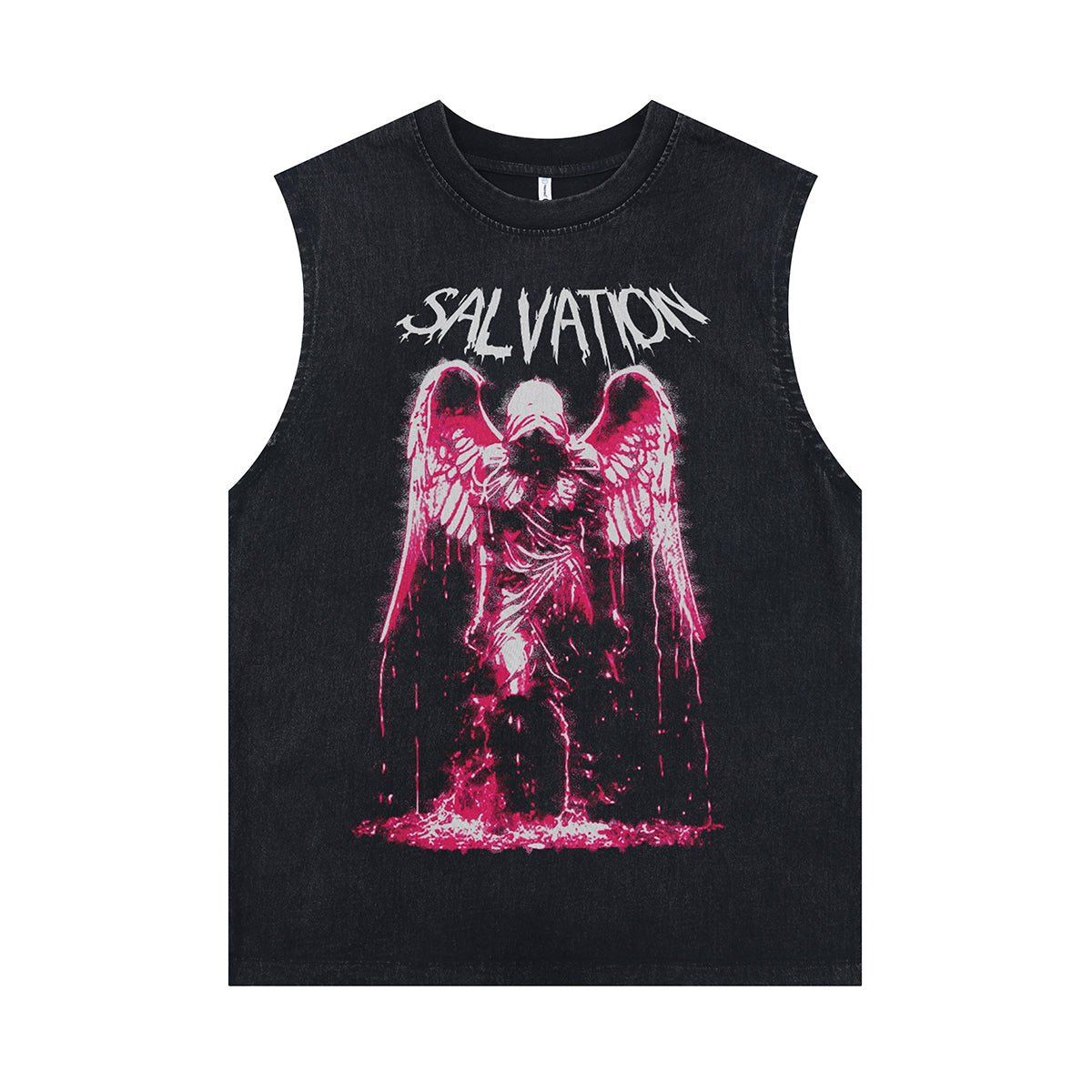 Salvation slogan sleeveless t-shirt creepy gothic surfer vest horror angel tank top in acid wash black