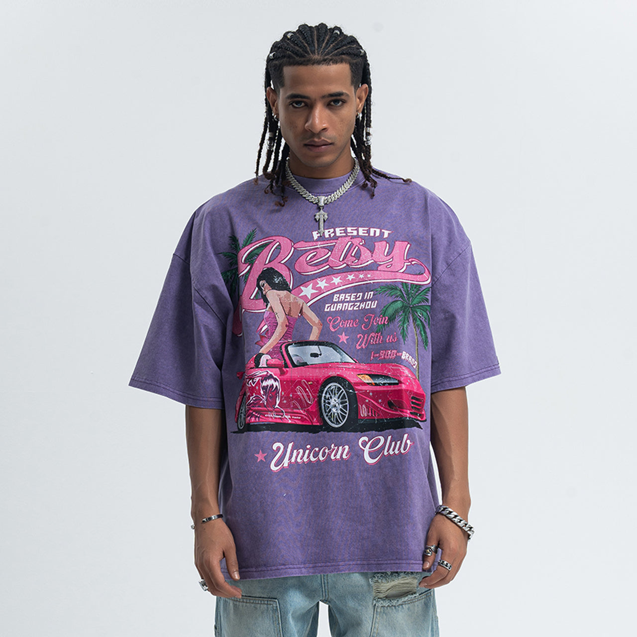 Retro car t-shirt racing top unicorn slogan tee in Purple