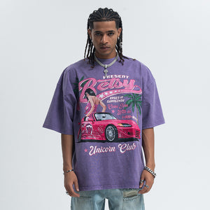 Retro car t-shirt racing top unicorn slogan tee in Purple