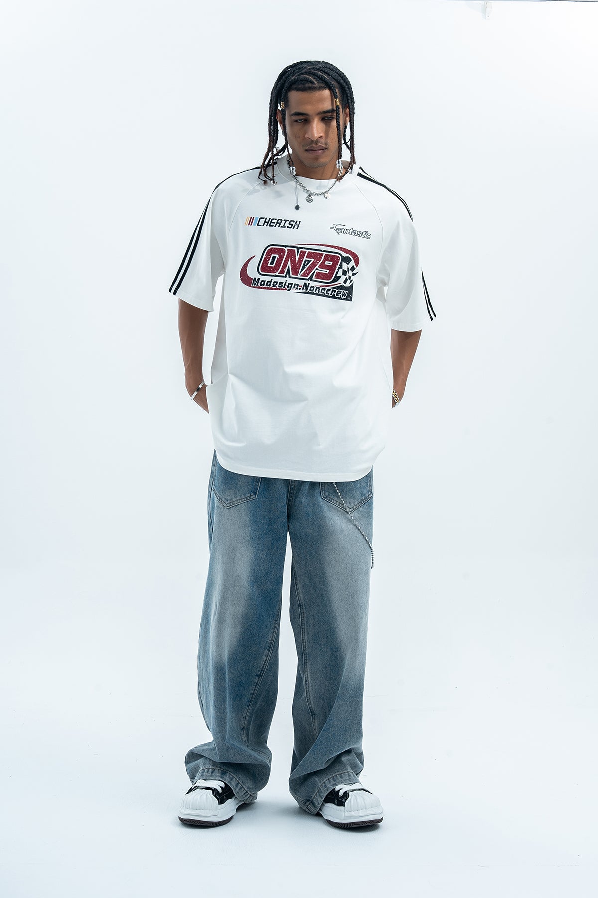 Racing t-shirt motorsports tee y2k sports top striped jumper in black