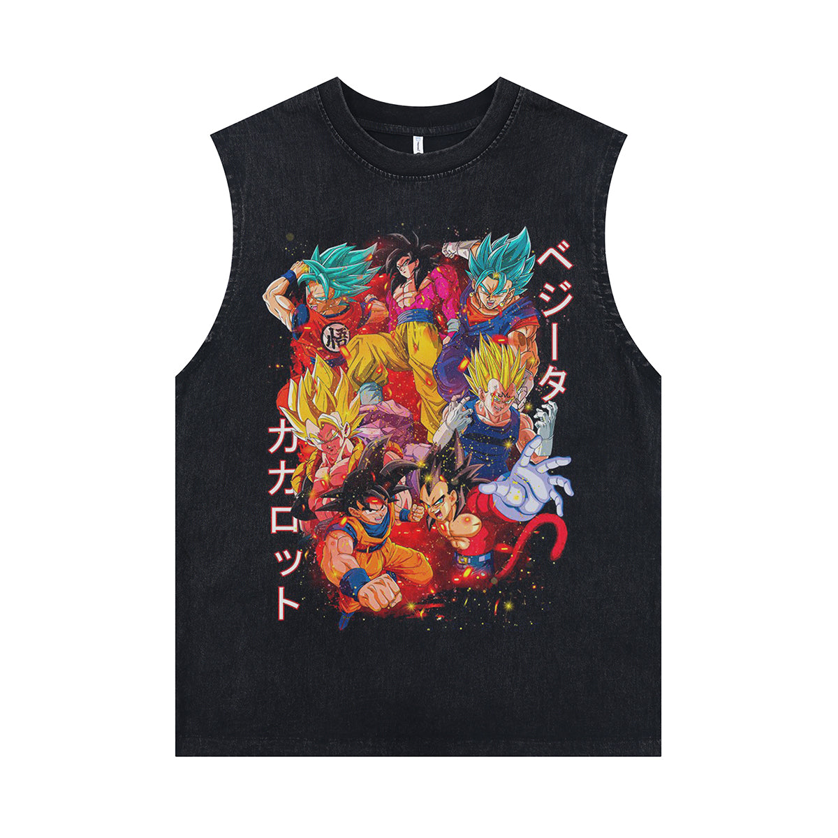 Anime superheroes sleeveless t-shirt vintage Japanese vest retro cartoon tank top in acid wash black