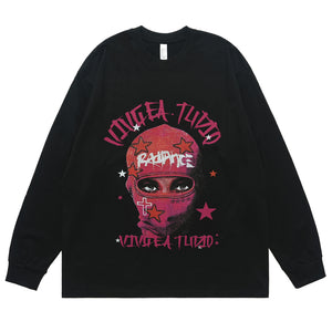 Balaclava print long sleeve top ganster t-shirt hip-hop jumper in white