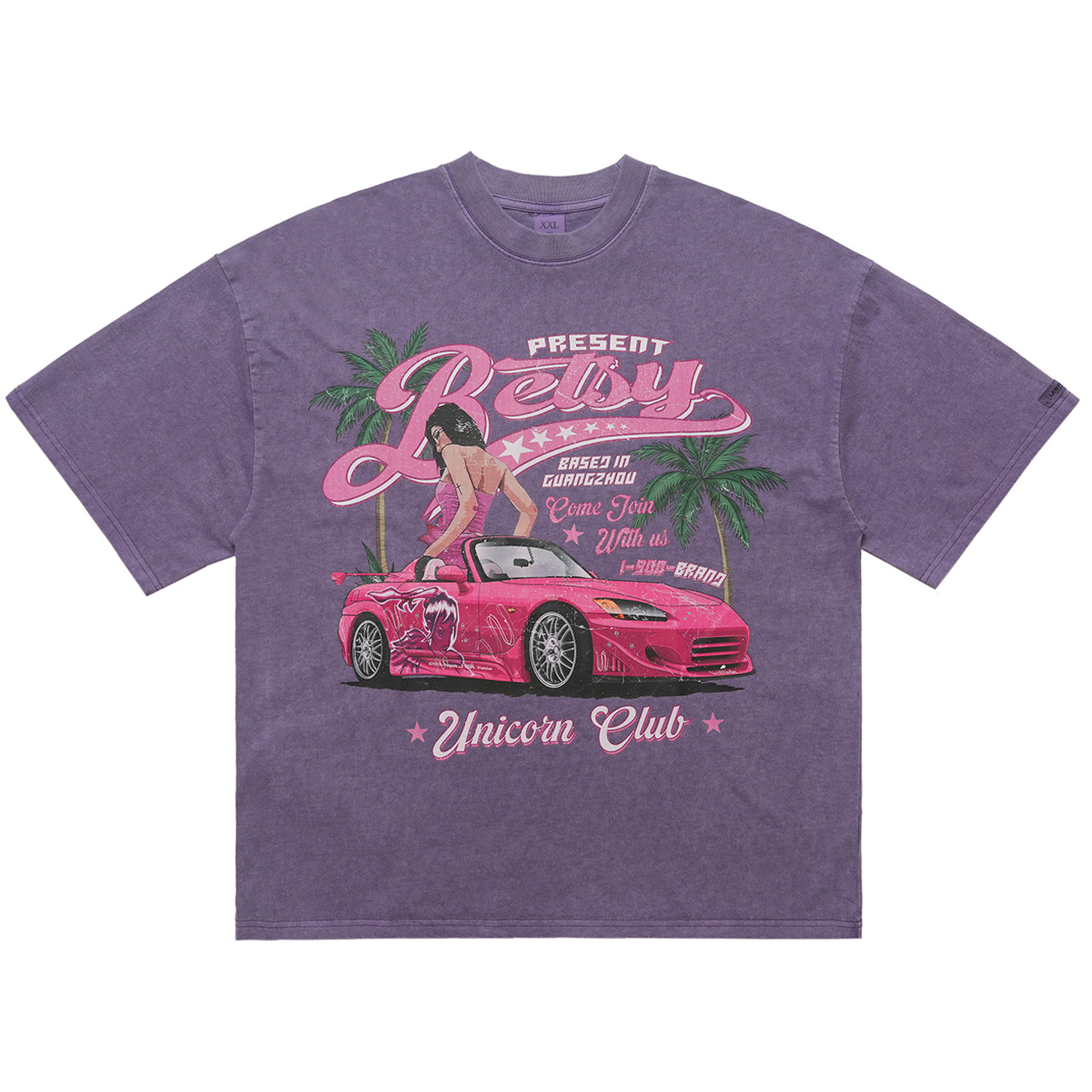 Retro car t-shirt racing top unicorn slogan tee in Purple