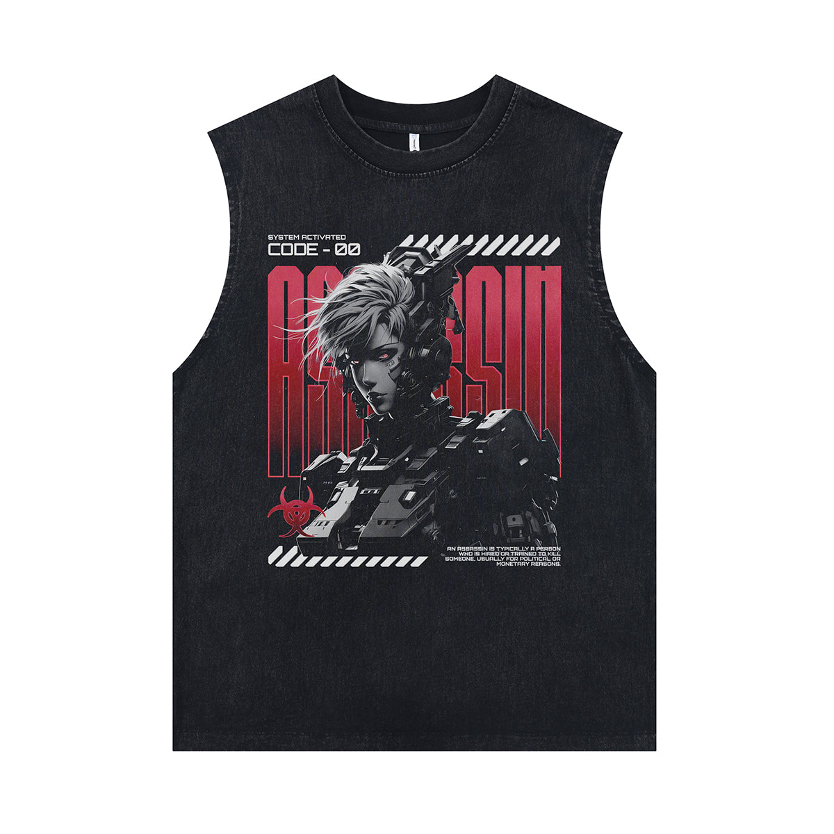 Anime cyborg sleeveless t-shirt vintage Japanese vest retro cartoon tank top in acid wash black