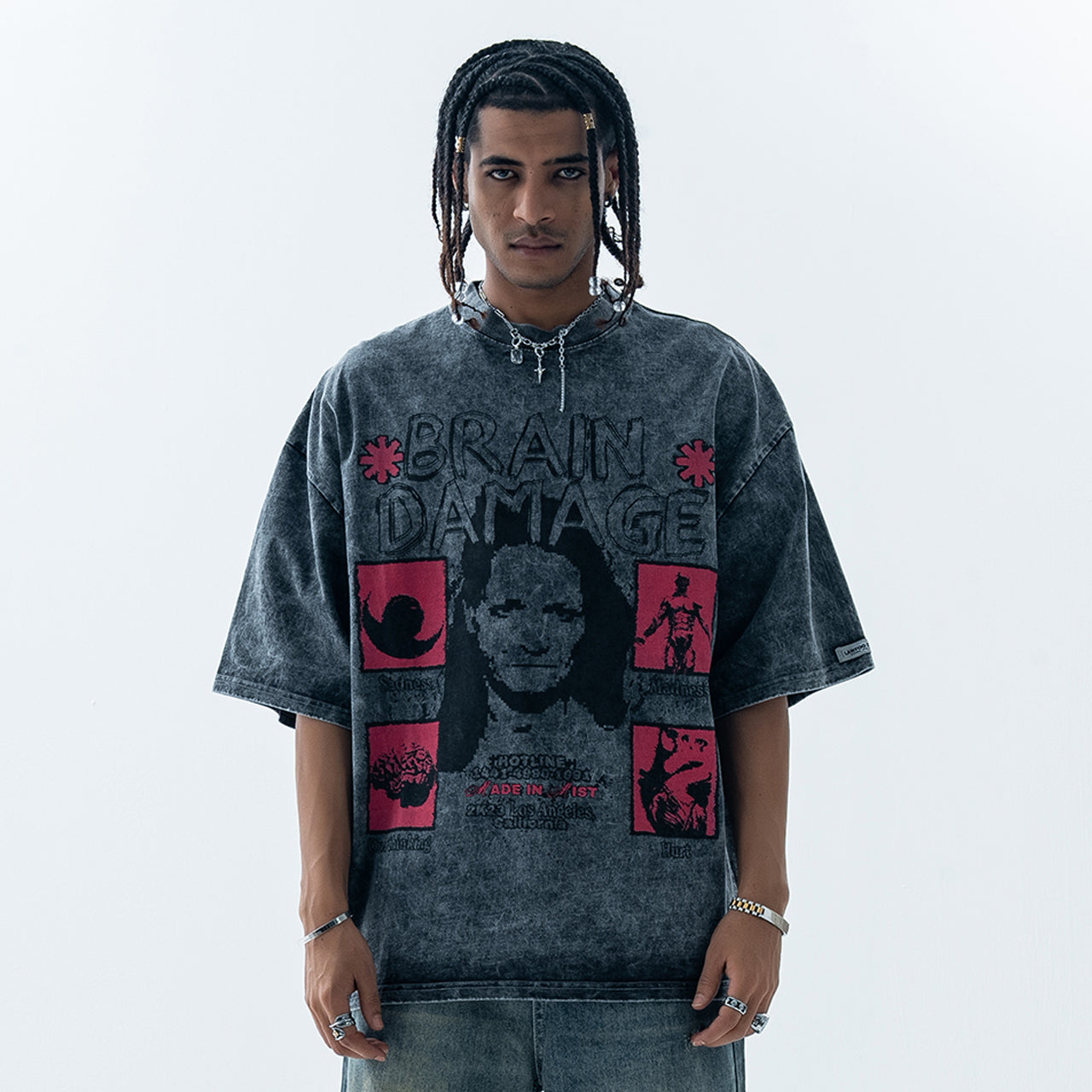 Creepy t-shirt brain slogan tee grunge top in grey