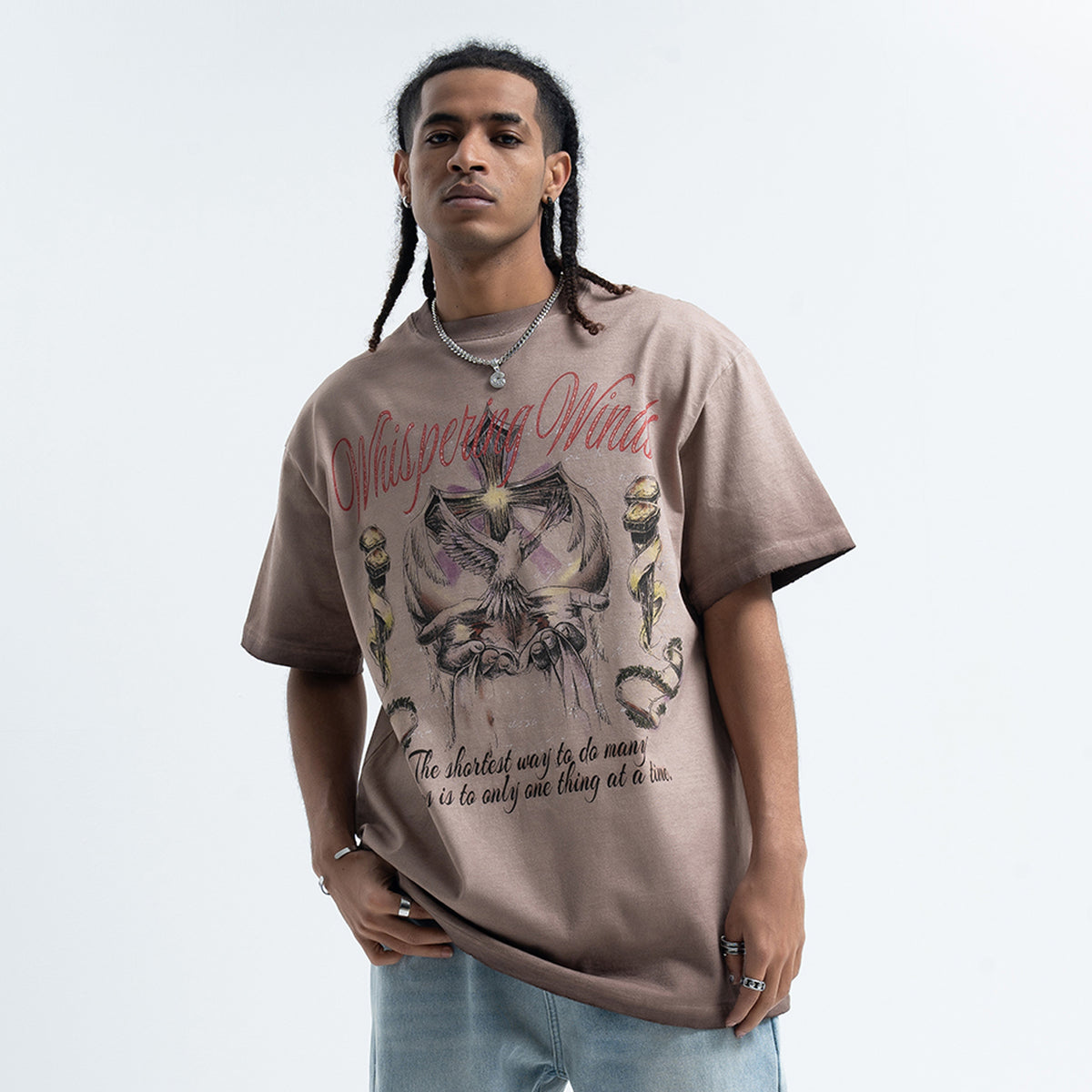 Psychedelic t-shirt white dove top retro religion tee in cream