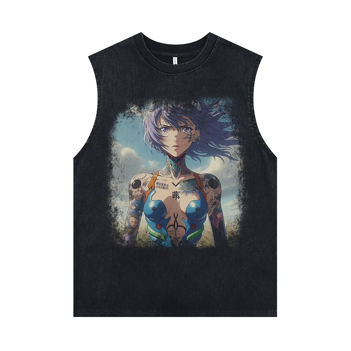 Tattooed girl cartoon sleeveless t-shirt Japanese anime surfer vest 00s retro Manga tank top in acid wash black