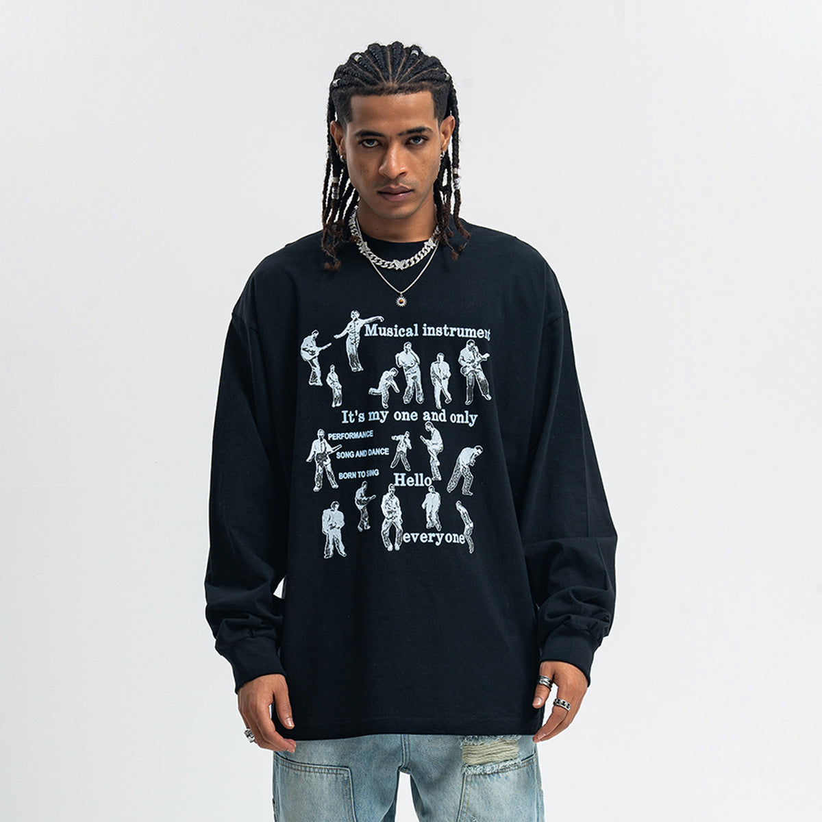 Retro poster jumper musician print long sleeve top 70s grunge t-shirt in brown