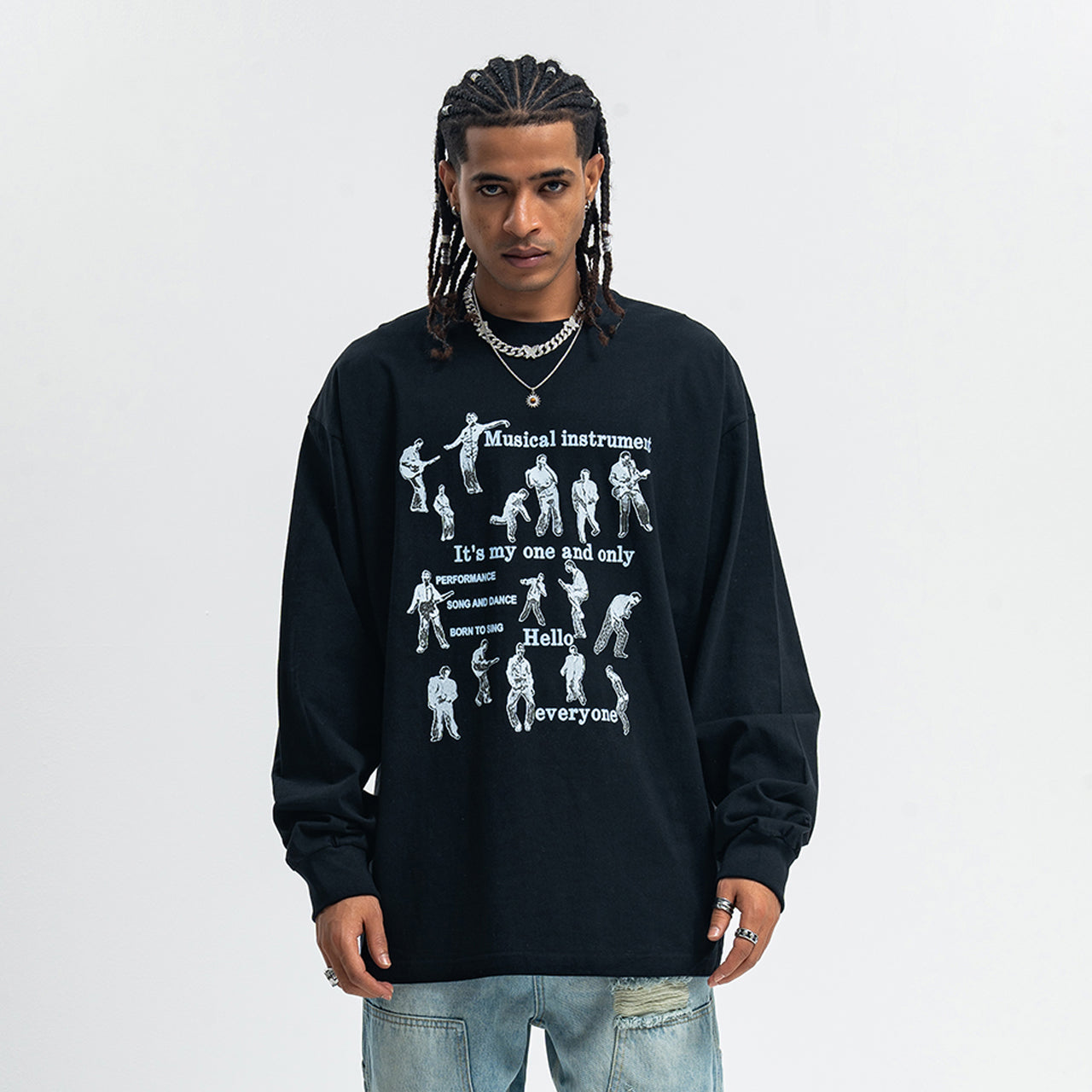 Retro poster jumper musician print long sleeve top 70s grunge t-shirt in black