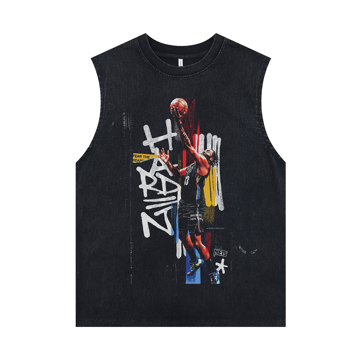 Basketball player sleeveless t-shirt vintage sports vest American tank top in acid wash black
