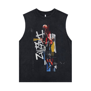 Basketball player sleeveless t-shirt vintage sports vest American tank top in acid wash black