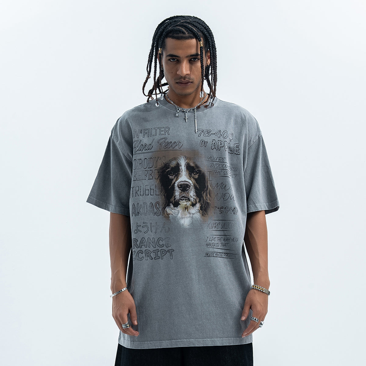 Dog t-shirt puppy print top retro cartoon tee animal jumper in grey