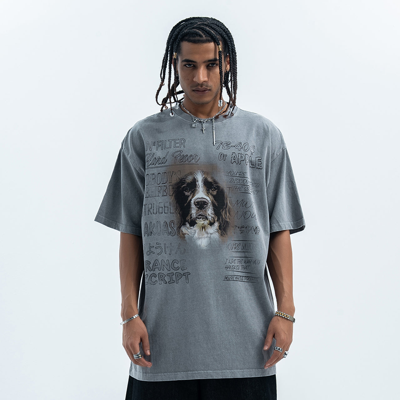 Dog t-shirt puppy print top retro cartoon tee animal jumper in grey