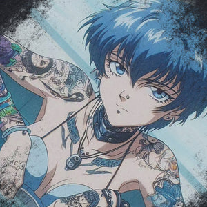 Anime girl cartoon sleeveless t-shirt Japanese surfer vest 00s retro Manga tank top in acid wash black