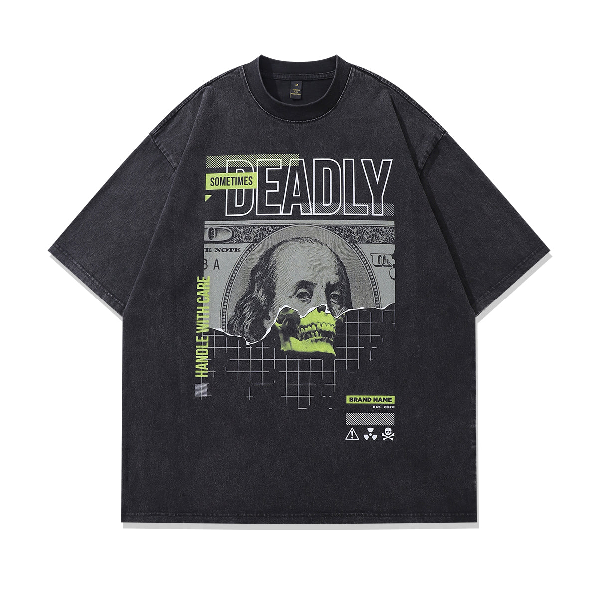 Psychedelic punk t-shirt money slogan tee creepy skull top in vintage grey