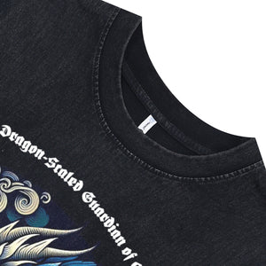 Dragon print sleeveless t-shirt medieval poster surfer vest retro monster tank top in acid wash black