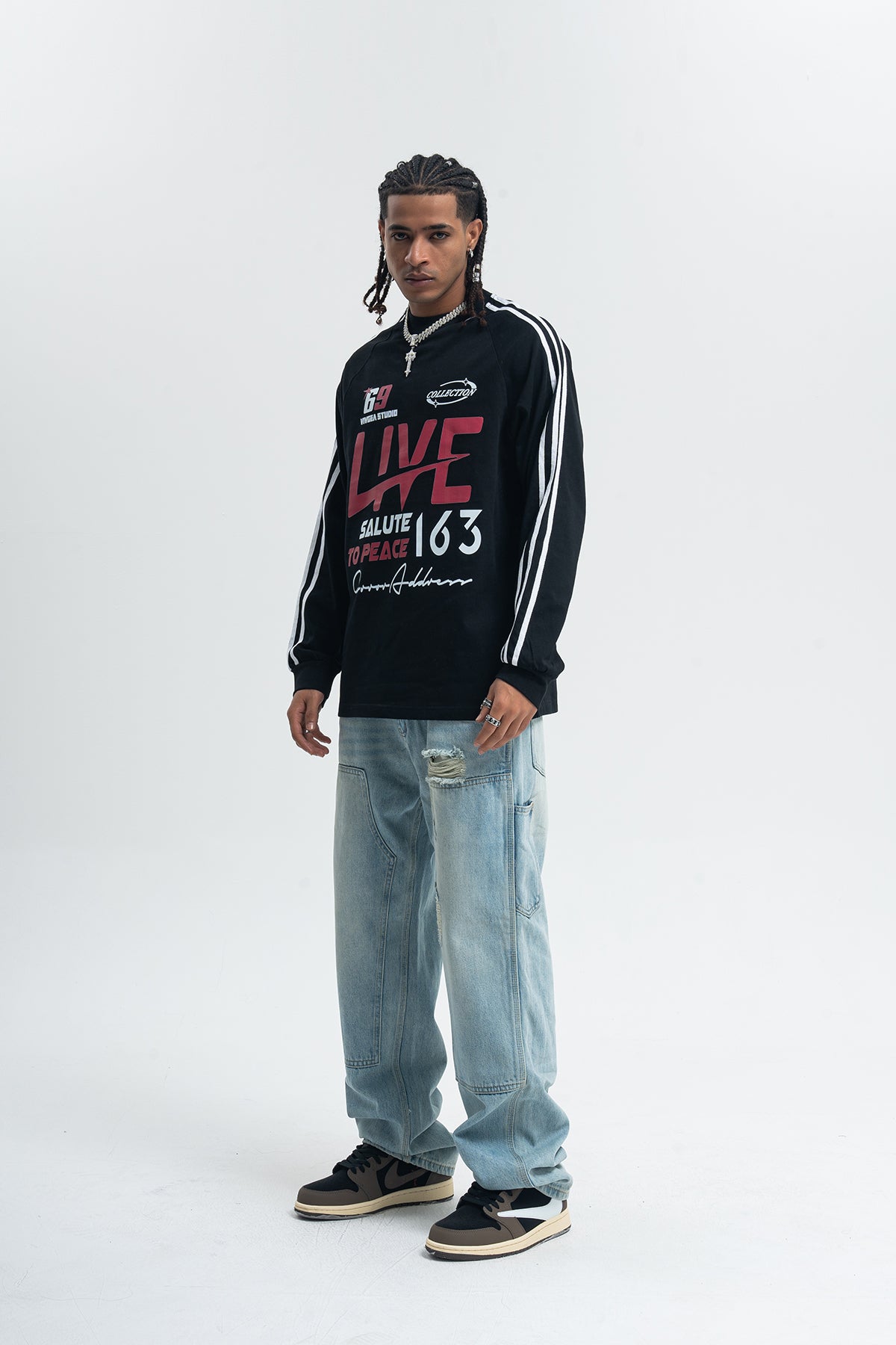 Peace slogan jumper long sleeve anti war top striped grunge t-shirt in black