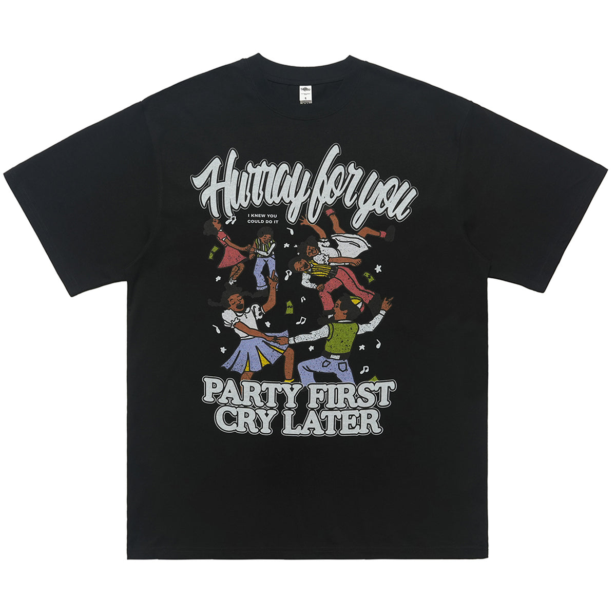 Party slogan t-shirt retro cartoon top 90s tee in black