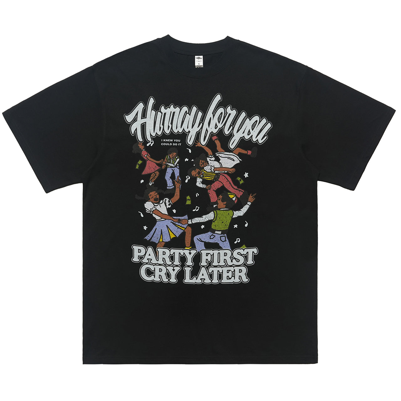 Party slogan t-shirt retro cartoon top 90s tee in black
