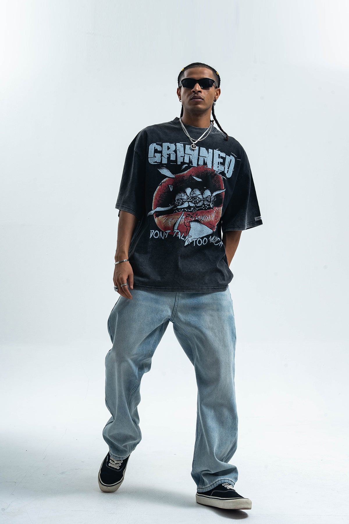 Grillz t-shirt mouth print top grunge hip-hop tee rapper jumper in grey