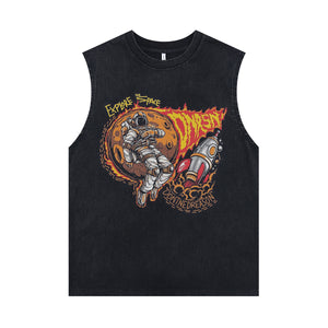 Astronaut print vintage sleeveless t-shirt spaceman cartoon surfer vest retro cartoon tank top in acid wash black