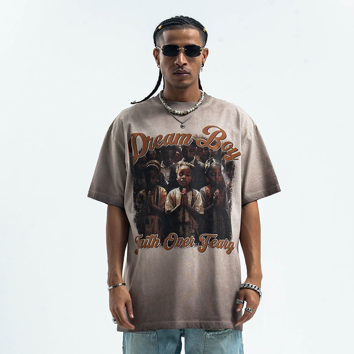 Grunge rapper t-shirt retro hip-hop tee saint slogan top in grey