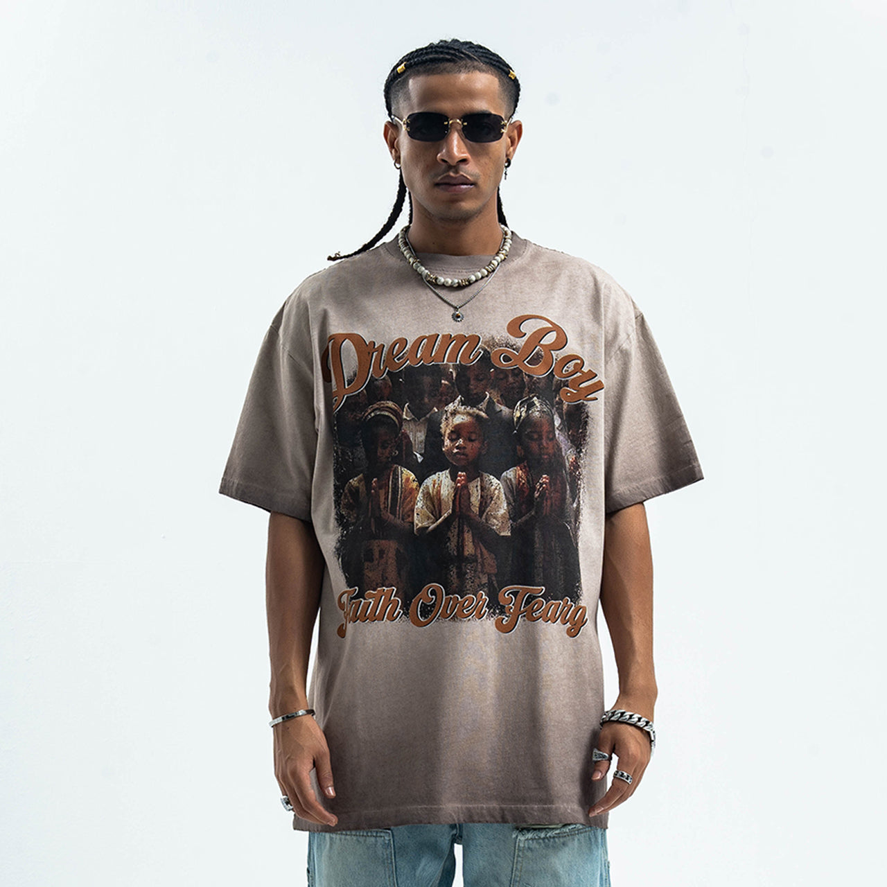 Grunge rapper t-shirt retro hip-hop tee saint slogan top in grey