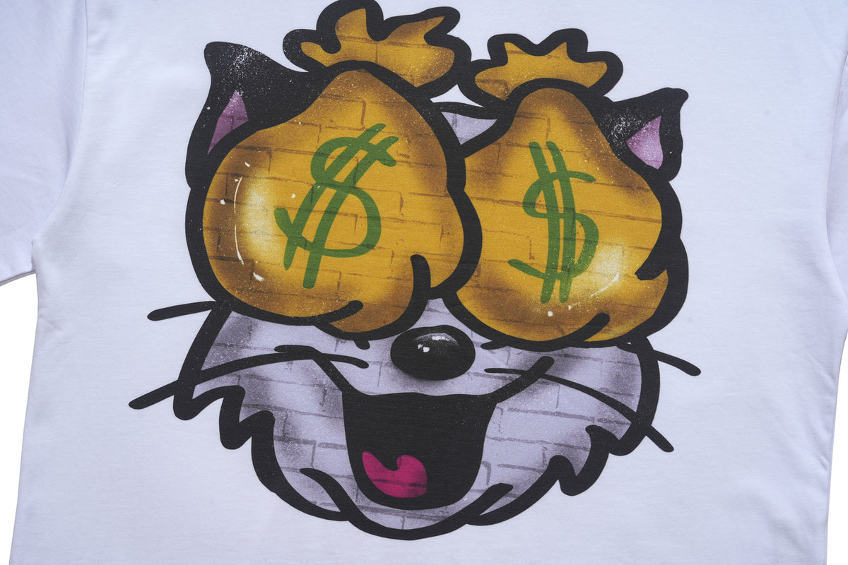 Money t-shirt cat cartoon top retro gangster tee in white