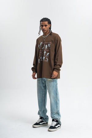 Retro poster jumper musician print long sleeve top 70s grunge t-shirt in brown