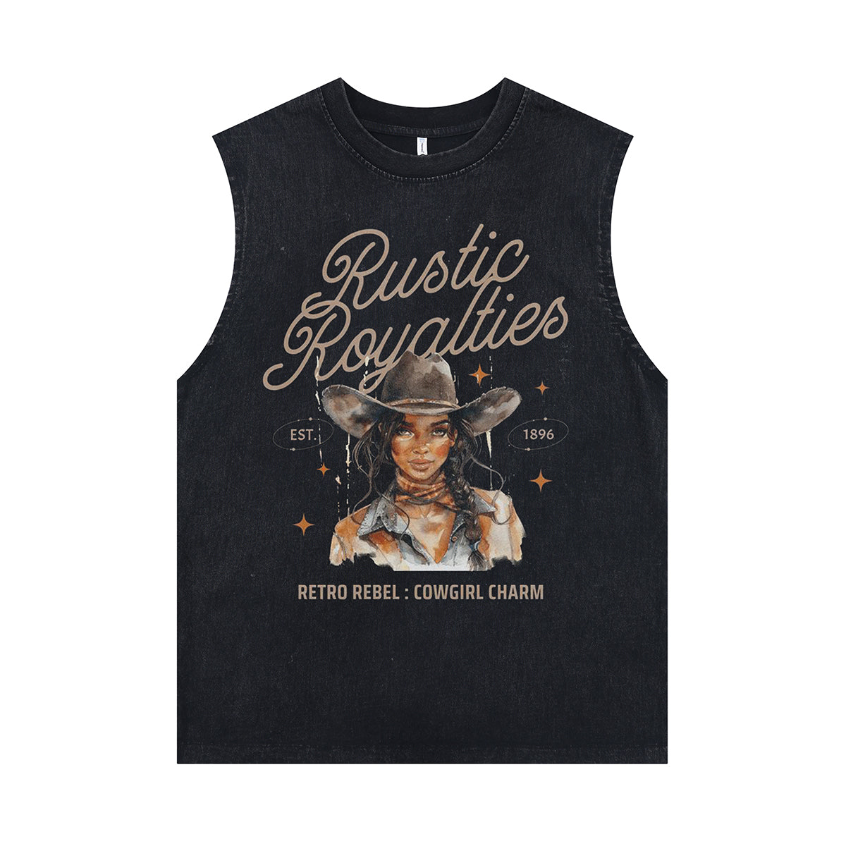 Cowgirl print sleeveless t-shirt wild west surfer vest USA western tank top in acid wash black