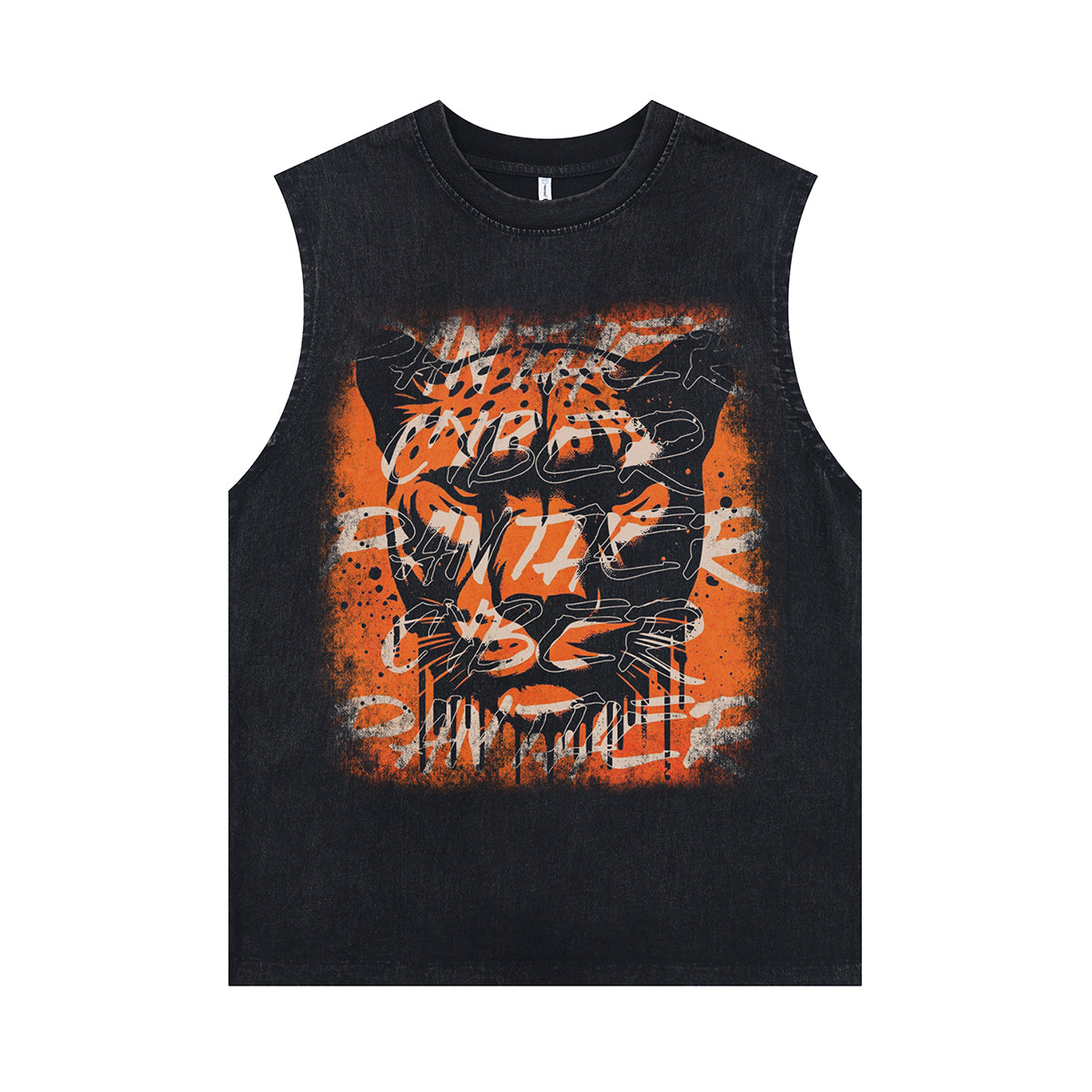 Panther print sleeveless t-shirt graffiti print surfer vest 00s wildcat tank top in acid wash black