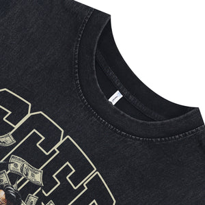 Dollar print sleeveless t-shirt retro money cartoon surfer vest USA poster tank top in acid wash black