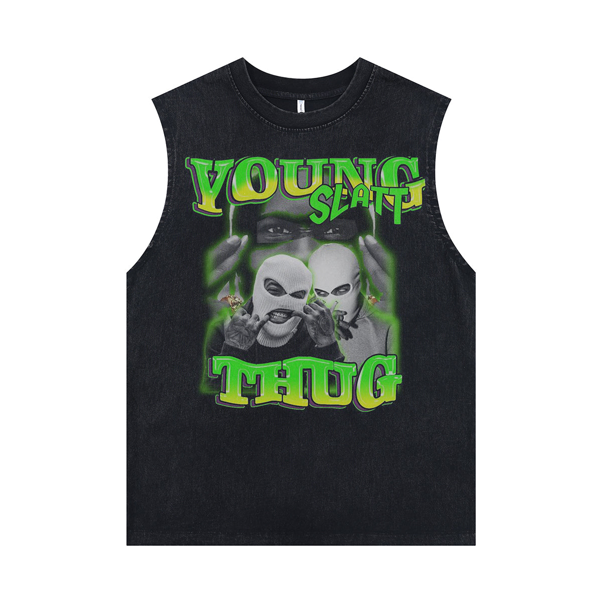Young thug sleeveless t-shirt vintage rapper vest hip-hop tank top in acid wash black