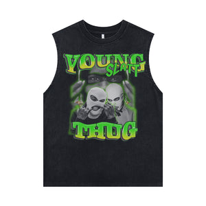 Young thug sleeveless t-shirt vintage rapper vest hip-hop tank top in acid wash black