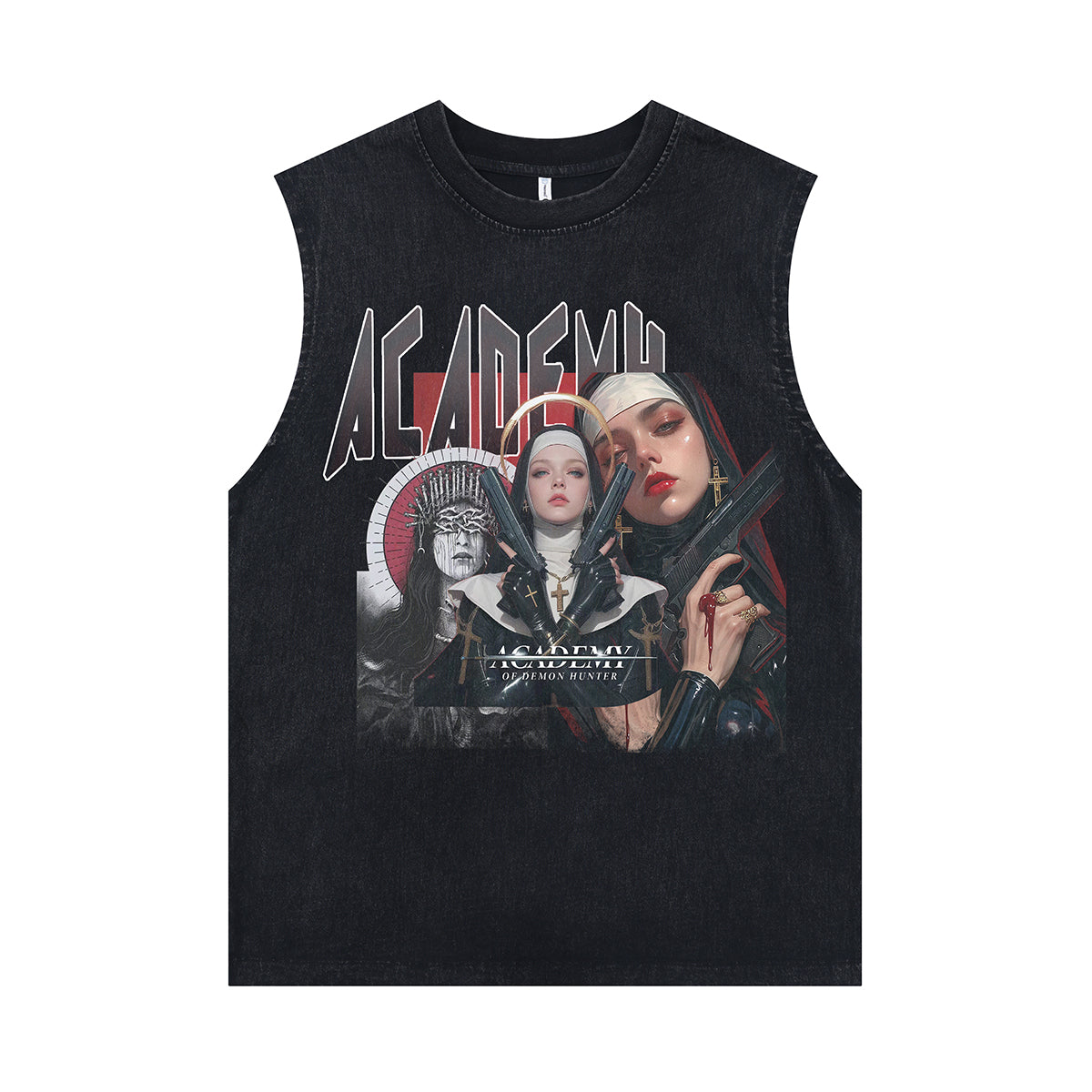 Nun print sleeveless t-shirt vintage Academy vest retro cartoon tank top in acid wash black