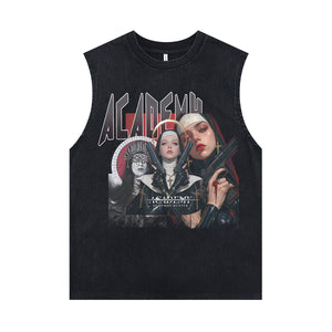 Nun print sleeveless t-shirt vintage Academy vest retro cartoon tank top in acid wash black