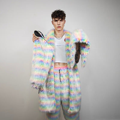 Striped shaggy fur coat longline pastel stripe carnival trench Gay overcoat fuzzy rave bomber Pride festival jacket LGBT custom peacoat