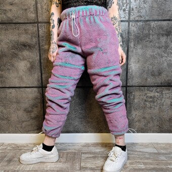 Neon fleece joggers color changing detachable pants  handmade fluorescent faux fur shorts glowing premium overalls dark pink blue