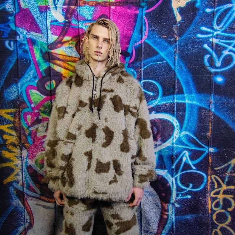 Luxury leopard jacket animal print bomber handmade detachable fluffy jumper retro puffer premium grunge coat in brown