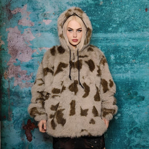 Luxury leopard jacket animal print bomber handmade detachable fluffy jumper retro puffer premium grunge coat in brown