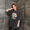 Cat print t-shirt vintage wash rainbow tee retro raver top devil flame jumper in acid grey