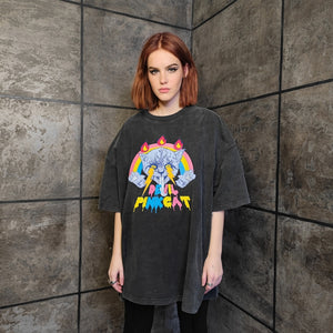 Cat print t-shirt vintage wash rainbow tee retro raver top devil flame jumper in acid grey