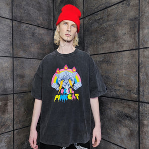 Cat print t-shirt vintage wash rainbow tee retro raver top devil flame jumper in acid grey