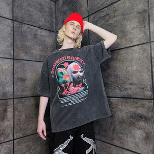 Balaclava print t-shirt premium vintage wash rapper tee grunge hip-hop top creepy mask jumper in acid grey