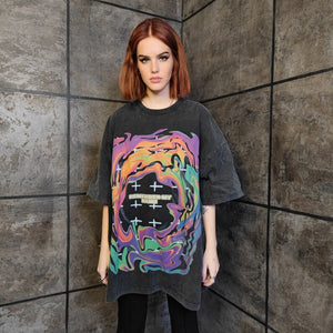 Flame print t-shirt premium rainbow tee vintage wash grunge top space jumper in acid grey