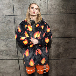 Flame print coat burning fire fleece trench luxury festival jacket fluffy grunge bomber in black orange