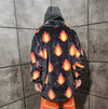 Flame print coat burning fire fleece trench luxury festival jacket fluffy grunge bomber in black orange